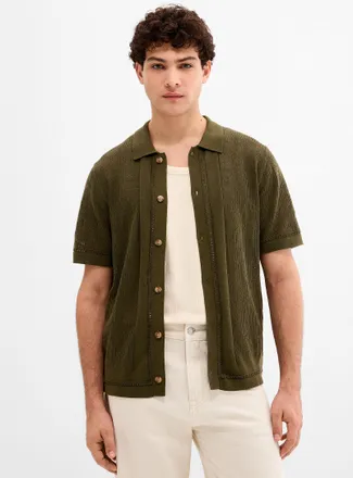 Le 31 Mens Patterned openwork knit Polo Shirt-collar cardigan