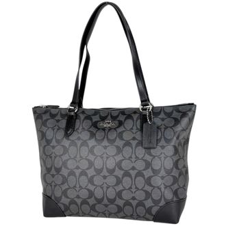 Coach Signature Black Gray Coated Canvas Leather Tote Bag (Pre-Owned)