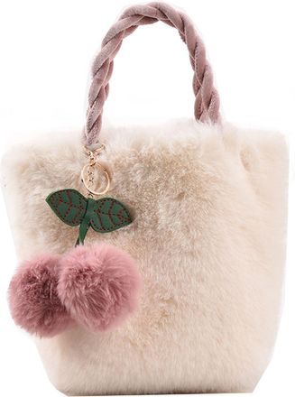 Generic Shoulder Bag - White Plush Handbag,modern design versatile favorite Soft Furry Carry Purse,long lasting Cute Cherry Pompon Accent | Fashion Accessory 