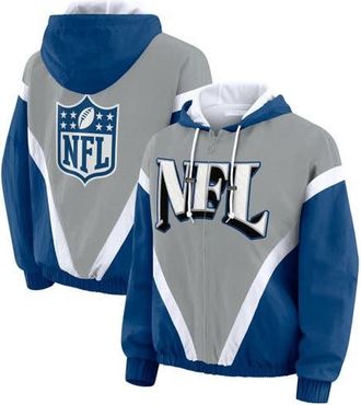 WEAR by Erin Andrews Womens WEAR by Erin Andrews Silver/Blue Shield Merchandise Retro Crinkle Full-Zip Hoodie Windbreaker at Nordstrom, Size Xx-Large
