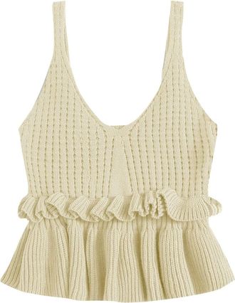 Generic Casual Summer Vest for Women Tank Tops 2025 Womens Casual Knit Top Sleeveless Ruffle V Neck Peplum Crop Tank Top Fashion Tops Women (Beige, XL)