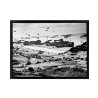 Artery8 WWII War US Landing Ships Omaha Beach D Day Framed Canvas Wall Art Print in Grey | Size: W24 x H32