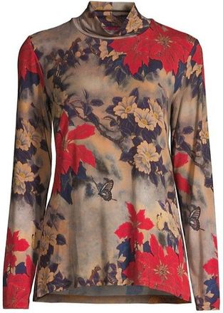 Johnny Was Women Claret Mock Neck Long Sleeve Floral Print Top Blouse