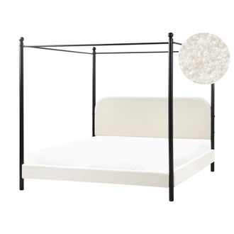 Beliani Cama Con Dosel De Metal Negro Retro Minimalista Somier De Listones Madera De &Aacute;lamo Tapicer&iacute;a De Boucl&eacute; Blanco 180 X 200 Cm Dannemois