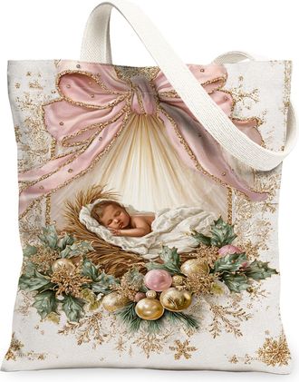 Generic Christmas Vintage Canvas Tote Bags, Decorative Bow and Floral Pattern Reusable Grocery Bags, Lightweight Washable Shoulder, White, 13x15 Inch