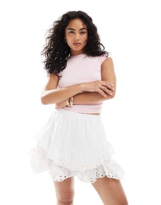 Object Gonna pantalone corta a balze in pizzo bianca-Bianco