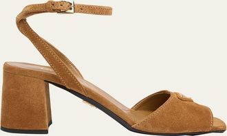 Prada 65mm Triangle Logo Suede Block-Heel Sandals