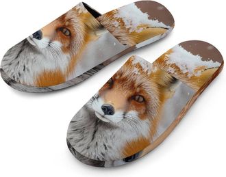 Generic Red Fox Flannel Mens Slip-on Slippers Winter Warm House Shoes with Rubber Sole for Home Hotel