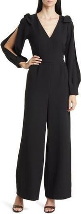 Eliza J Slit Sleeve Wide Leg Crepe Jumpsuit in Black at Nordstrom Rack, Size 10
