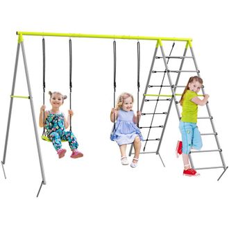OUTSUNNY Columpio Para Ni&ntilde;os 4 En 1 Con 2 Sillas Trepador Red De Escalada Cuerda Ajustable Y Soporte Anti-uv Carga 180 Kg 260x185x180 Cm Gris Y Verde