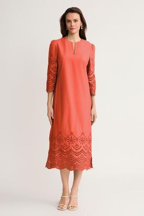 Ming Wang Eyelet Straight Cotton Maxi Dress in Sunkist Coral at Nordstrom, Size Medium