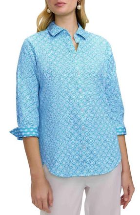 Foxcroft Margie Geo Lattice Three-Quarter Sleeve Button-Up Shirt in Blue/White at Nordstrom, Size X-Large