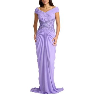 Tadashi Shoji Beaded Off the Shoulder Chiffon Gown in Lavender Mist at Nordstrom, Size 16