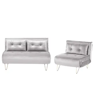 Beliani Conjunto De Sala De Estar 3 Plazas De Terciopelo Gris Claro Dorado Cojines Vestfold
