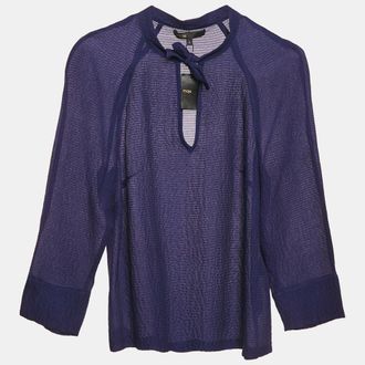 Maje Navy Blue Textured Silk Tie-Up Neck Detail Top