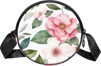 Generic Circle Crossbody Bag for Women, Floral Leaves Small Sling Bag Daypack with Zipper Adjustable Shoulder Straps Casual Ladies Girls Round Purse