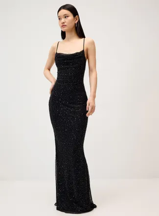 Twik Womens Black beaded mesh maxi dress