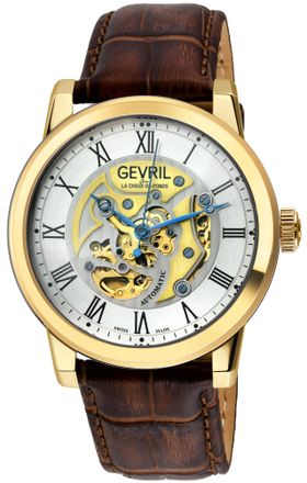 Gevril Group Mens Vanderbilt 316L Stainless Steel IPYG Case, Silver/Black Dial, Genuine Brown Handmade Italian Strap Leather - One Size