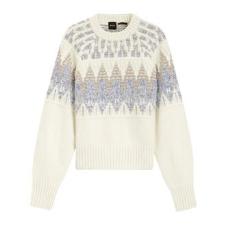 HUGO BOSS Truien & Vesten, Dames, Wit, L, Wol, Ronde hals trui C Farombo van gemengde wol