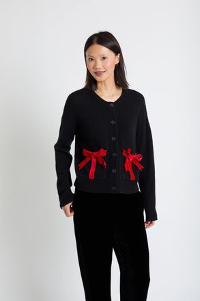 Chinti and Parker Black Merino Wool Velvet Bow Cardigan