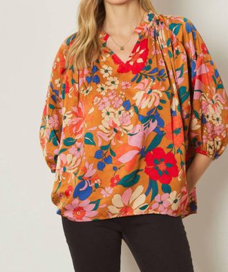 Entro Bold Floral Print Top In Camel