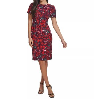 Calvin Klein Floral Short-Sleeve Sheath Dress In Burgundy