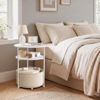 Woltu Woltu Mesa De Centro Redonda Con Cesta De Almacenamiento, Mesa Moderna Para Sal&oacute;n, Blanca Y Beige