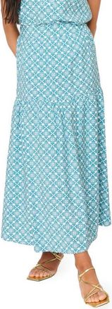 Gibsonlook Playa Floral Tiered High Waist Maxi Skirt in Teal Leaf Tile at Nordstrom, Size Xx-Small