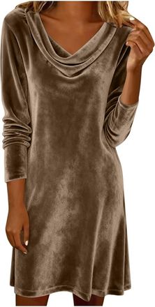 Generic Velvet Dresses for Women UK Casual Long Sleeve Solid Shirt Fashion Cowl Neck Drape Ruched Front Gown Pleated Loose Pullover Dresses Work Office Daily 