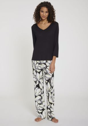Vivance Pyjama VIVANCE DREAMS, Damen, Gr. 32/34, schwarz (schwarz, gebl&uuml;mt), Single Jersey, Obermaterial: 100% Viskose, gebl&uuml;mt, Basic, loose fit lang, V-Auss