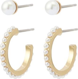 AllSaints Set of 2 Faux Pearl Stud & Huggie Hoop Set in Gold/Pearl at Nordstrom