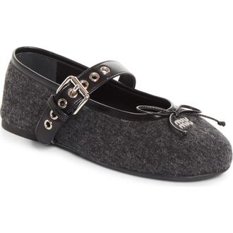Miu Miu Virgin Wool Flannel Mary Jane Ballet Flat in Antracite at Nordstrom, Size 38.5
