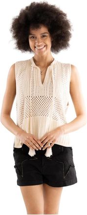 Akep Gehaakte Gebreide Tanktop - Dames - V-hals truien - Beige - L - Katoen - Truien & Vesten