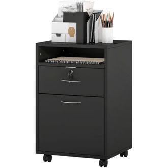 HOMCOM Mobiletto da Ufficio con Ripiano Aperto, Cassetto e Armadietto Nero