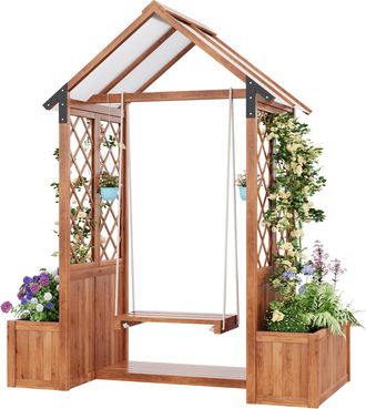 STILVORA Macetero, Columpio De Exterior, Maceta Con Enrejado Para Plantas Trepadoras, Con Parasol De Policarbonato. Jardinera, Jardinera, De Madera Maciza Marr