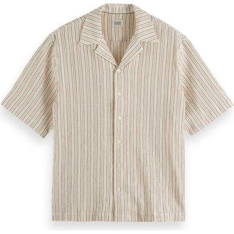 Scotch & Soda Seersucker Stripe Camp Shirt in Medium Beige at Nordstrom Rack, Size X-Large