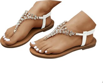 Generic Womens Sparkling Rhinestone Clear Strap Flip Flops Elastic Strap Flat Sandals Dressy Summer Beach Slide Cushioned Footbed Arch Support Shoe for Weddin