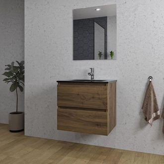 Saniclass Chaci Badkamermeubelset - 60x46x55cm - keramische wastafel zwart - 1 wasbak - 1 kraangat - 2 lades - rechthoekige spiegel - noten (hout)