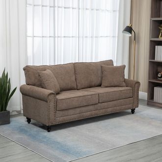 HOMCOM 3 Seater Sofas Fabric Sofa with Nailhead Trim Cushions & Throw Pillows in Brown