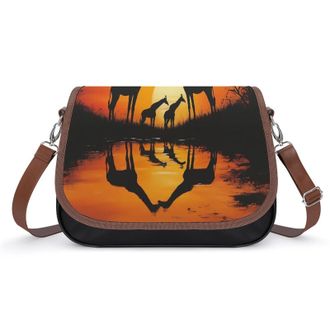 Generic Sunset Giraffe African Crossbody Bags for Women Fashion Leather Shoulder Handbags With Adjustable Strap