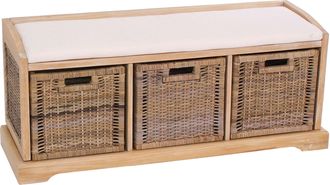 Hhg Hhg - Nunca Usado] Banco Bienne, Caja De Almacenaje, 3 Cestas, Mimbre Rat&aacute;n Kubu, 112x46x37cm, Color Claro