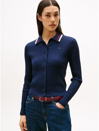 Tommy Hilfiger Womens Cable Knit Polo Cardigan - Navy - M