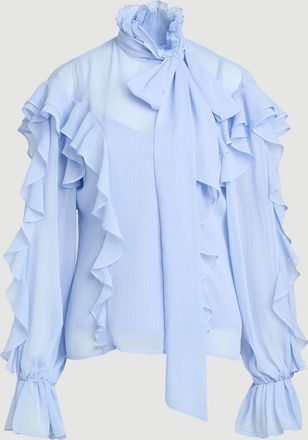 Karen Millen Womens Ruffle Front Crinkle Georgette Pussy Bow Blouse - Light Blue - Size 16 UK