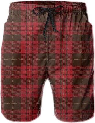 AOOEDM Mens Black Red Tartan Swim Trunks Quick Dry Summer Surf Beach Shorts with Pocket Drawstring