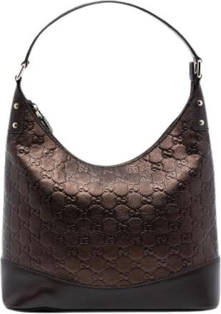 Gucci Pre-owned Shoulder Bags, female, Brown, Size: ONE SIZE Pre-owned Embossed Metallic Leather Shoulder Bag