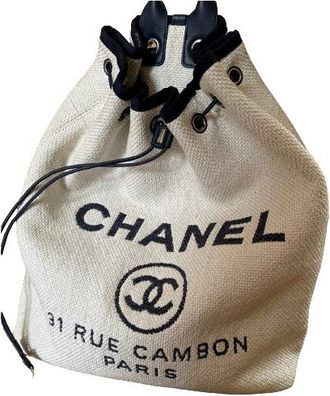 Chanel Deauville Beige Canvas With Blue Leather Trim Backpack/Rucksack Size L