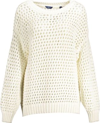 GANT Womens Open Knit Long Sleeve Pullover Sweater - Ivory Cotton - Size Large