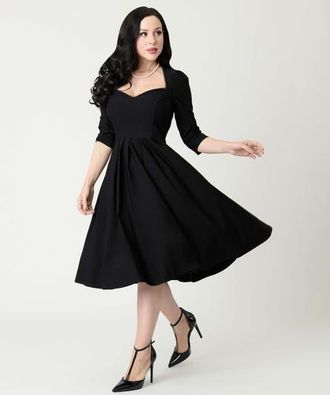 Unique Vintage Sweetheart Swing Dress in Black Pleated at Nordstrom, Size Large