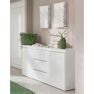 Dmora Aparador Moderno, Aparador De Dise&ntilde;o Con 2 Puertas Y 3 Cajones, Made In Italy, Mueble Para Tv, Buffet De Sal&oacute;n, Cm 150x40h81, Color Blanco Brillante, 