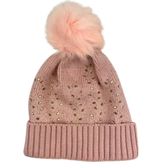 MARCUS ADLER Crystal Embellished Faux Fur Pompom Beanie in Pink at Nordstrom Rack